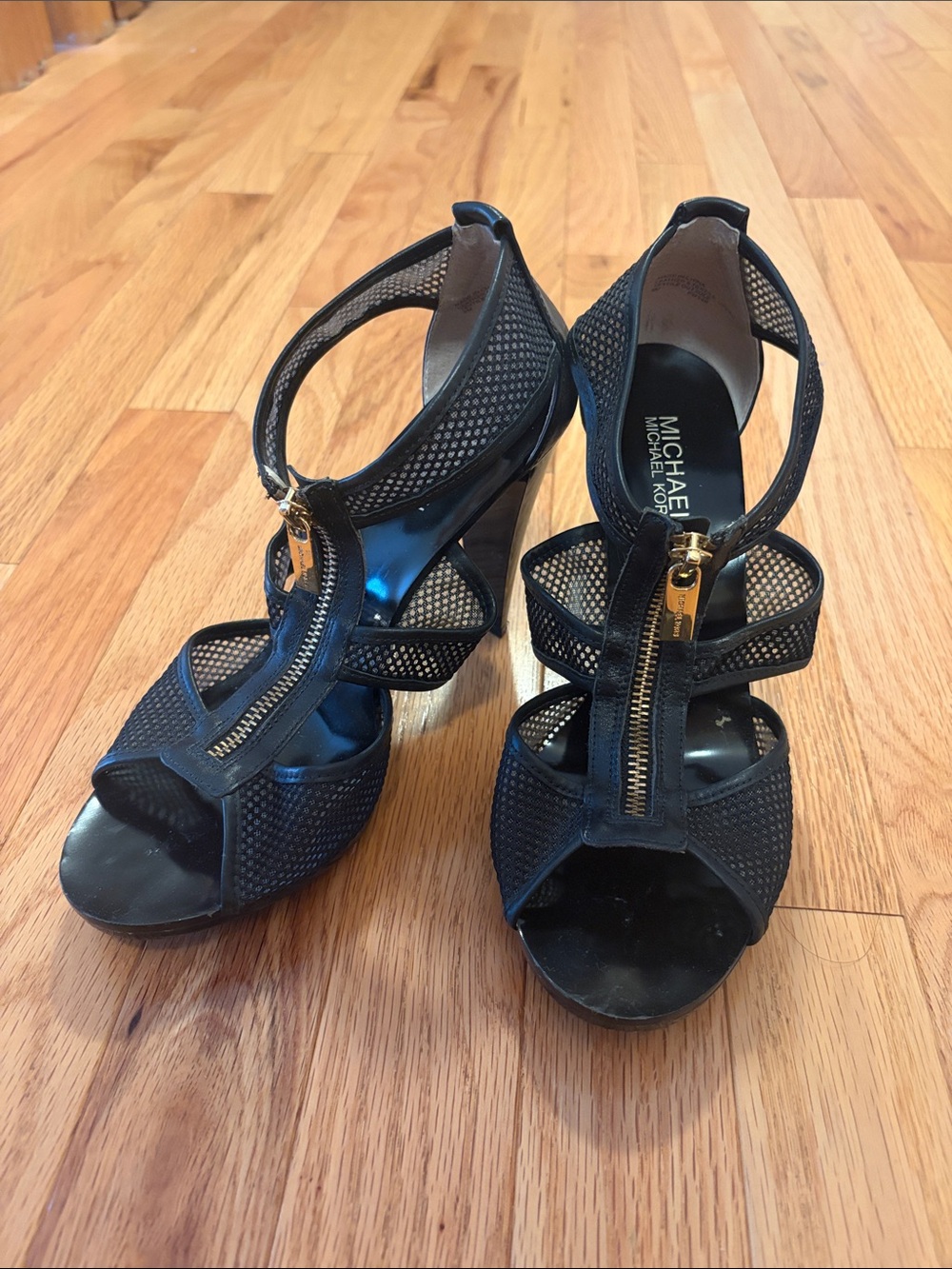 Michael Kors Black Mesh Zip-Front Ankle Strap Heels